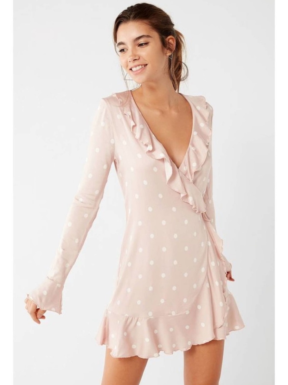 Urban Outfitters Polka Dot Blush Pink Wrap Mini Dress S Ruffle Coquette Pastel